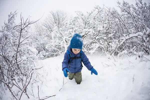 Дитина Проходить Через Сніг Хлопчик Рюкзаком Гуляє Парку Взимку Зимова — стокове фото