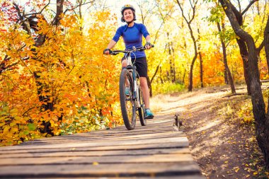 Kız ahşap bir sıçrama tahtası kullanıyor. Kadın ormanda bisiklet sürme. Sıçramaya hazırlanıyor. Aşırı hobi. Bisikletçi sonbahar parkta.
