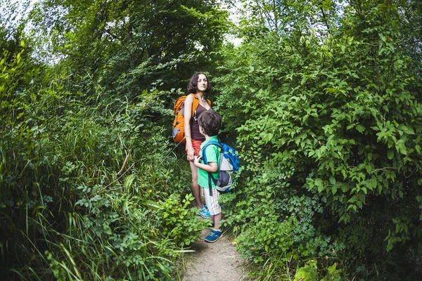Una Mujer Hijo Caminan Largo Sendero Forestal Niño Con Una —  Fotos de Stock