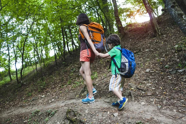 Utazás Erdőben Gyermek Fiú Édesanyja Séta Erdei Ösvényen Kirándulás Során — Stock Fotó
