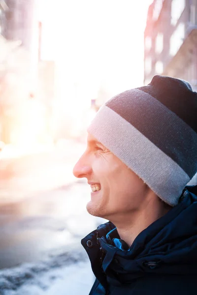 Portrait Young Man Background Winter City Cute Smiling Man Stock Photo