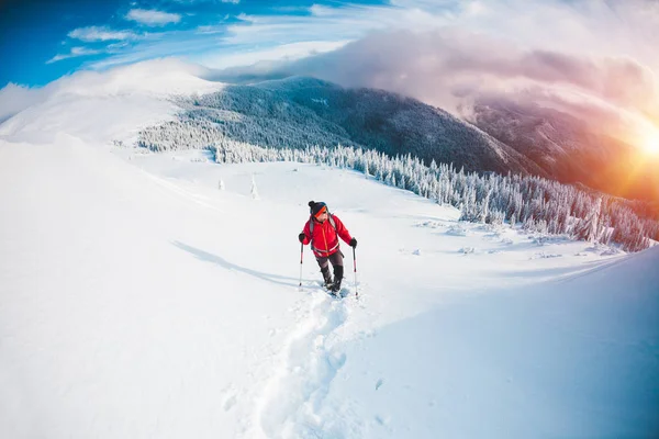 A man in snowshoes and trekking sticks in the mountains. Winter trip. Climbing of a climber against a beautiful sky with clouds. Active lifestyle. Climbing the mountain through the snow.