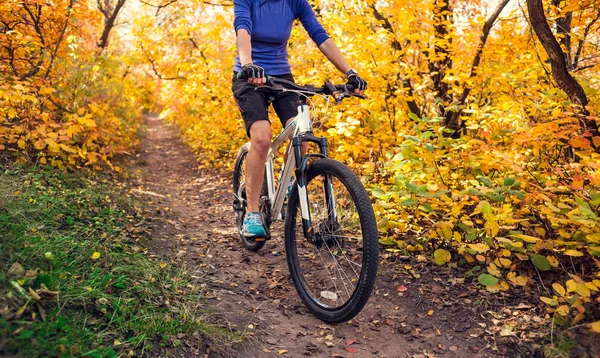 Dziewczynka Plecakiem Jeździ Rowerze Parku Jesień Szczupła Kobieta Pociągi Przyrodzie — Zdjęcie stockowe