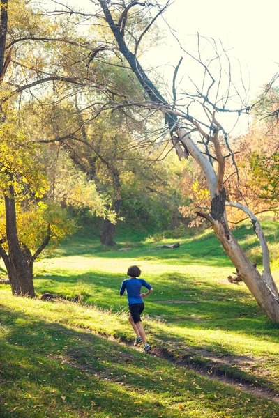 Lány Fut Őszi Park Karcsú Vonatok Természetben Sport Erdőben Barna — Stock Fotó