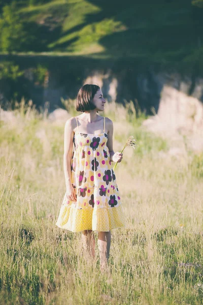 Una Chica Arranca Las Flores Silvestres Una Mujer Vestido Verano —  Fotos de Stock