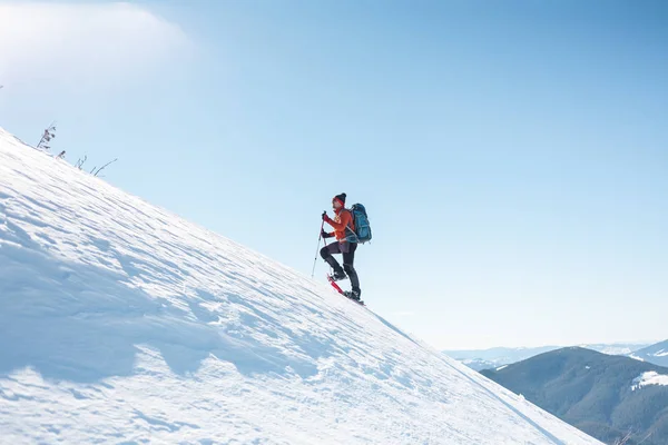 男は山の頂上に登っていきます 雪靴のアルピニストは バックパックを運ぶ 冬の山での旅 自然の中の極端な休暇 極端な条件での観光 — ストック写真