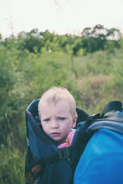 Дитина Сидить Рюкзаку Портрет Хлопчика Малюк Подорожує Батьками Сходження Дитиною — стокове фото