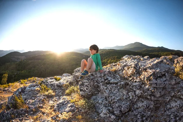 Boy Top Mountain Sunset Child Climbed Top Active Vacations Traveling — Stock Photo, Image