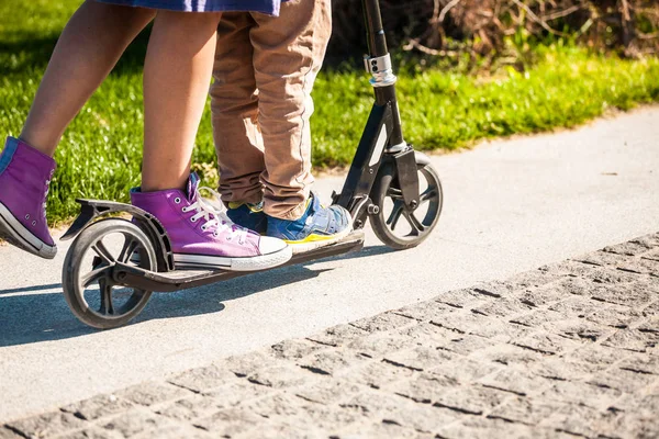 Boy His Mother Rides Scooter Child Spends Time Parent Park — Stock Photo, Image