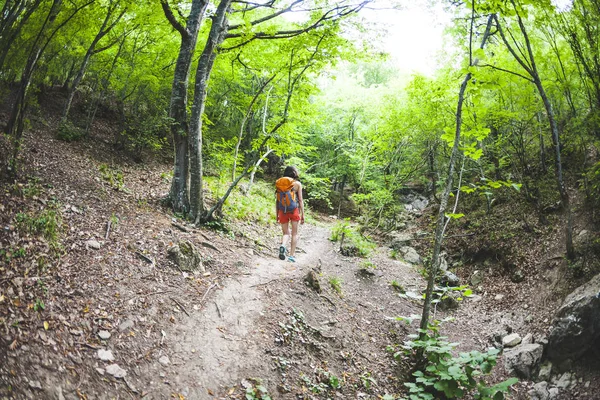 Chica Camina Por Bosque Una Joven Con Una Mochila Viaja — Foto de Stock