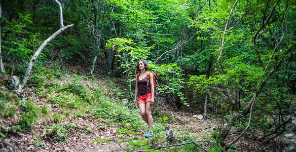 Lány Séta Erdőben Egy Fiatal Egy Hátizsák Utazik Festői Helyeken — Stock Fotó