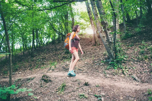 Chica Camina Por Bosque Una Joven Con Una Mochila Viaja — Foto de Stock