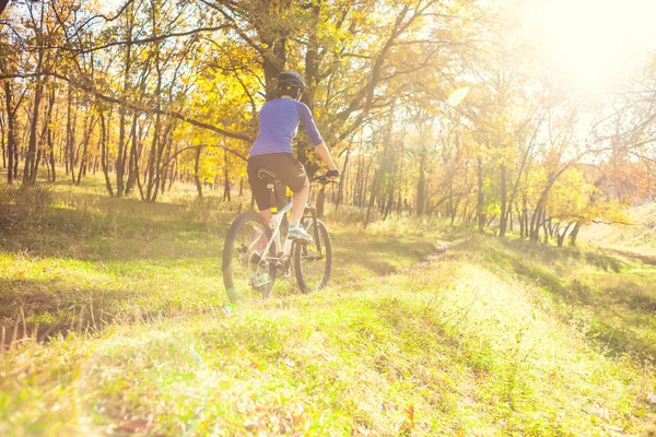 Radfahren Wald Mädchen Fährt Fahrrad Auf Waldweg Frau Mit Fahrrad — Stockfoto