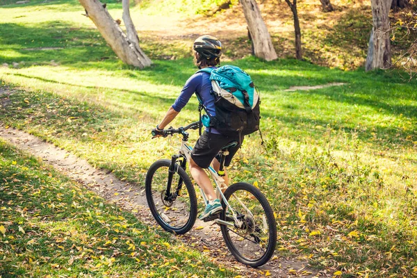 Biking Forest Girl Rides Bike Forest Trail Woman Riding Her — Stock Photo, Image