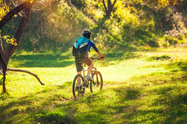 Biking Forest Girl Rides Bike Forest Trail Woman Riding Her — Stock Photo, Image