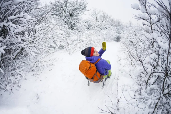 Una Chica Trineo Cabalga Desde Montaña Descenso Trineo Snow Hill — Foto de Stock