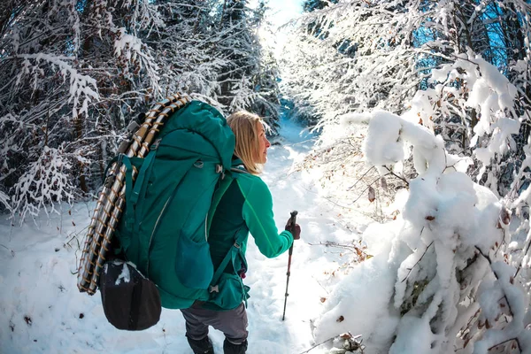 Femme Avec Sac Dos Raquettes Dans Les Montagnes Hiver Voyage — Photo