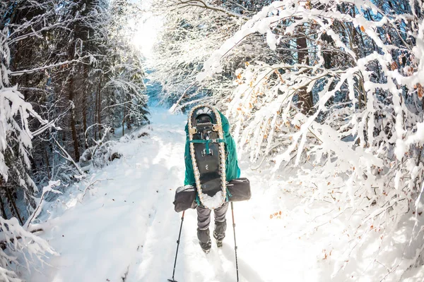 Femme Avec Sac Dos Raquettes Dans Les Montagnes Hiver Voyage — Photo