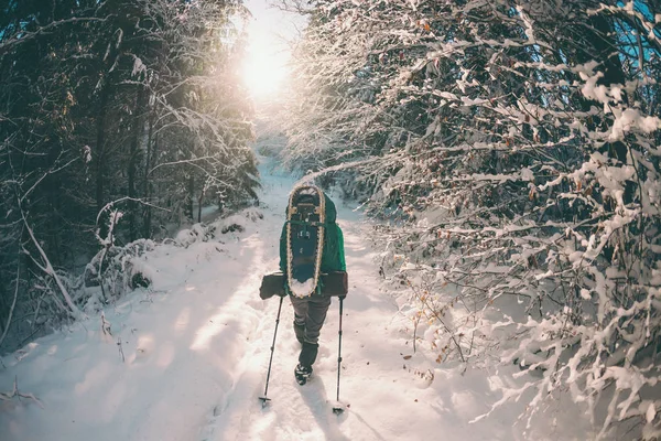 Žena Batohem Sněžnicemi Zimních Horách Cestování Malebná Místa Blondýna Trekkingovými — Stock fotografie