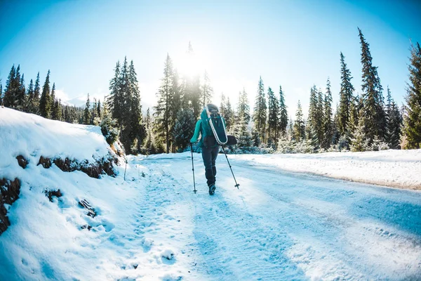 Kış Dağlarında Sırt Çantalı Kar Ayakkabılı Bir Kadın Manzaralı Yerlere — Stok fotoğraf