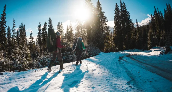 Dos Mujeres Una Caminata Invierno Las Amigas Con Bastones Trekking —  Fotos de Stock