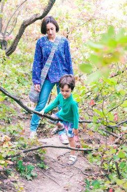 Bir kadın ve çocuk bir orman yolu yürümek. Bir çocuk annesi ile seyahat. Çocuk zammı. Çocuk Ormanda yürür. Etkin yaz tatili.