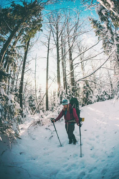 Femme Avec Sac Dos Raquettes Dans Les Montagnes Hiver Voyage — Photo