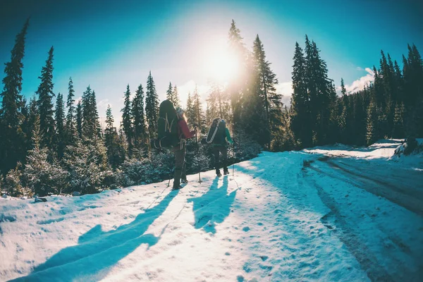Dvě Ženy Zimní Túře Přítelkyně Trekingovými Tyčemi Jsou Zasněžené Horské — Stock fotografie