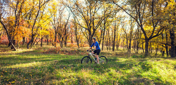 Девушка с рюкзаком едет на велосипеде в осенний парк. Стройная женщина тренируется на природе. Спорт в лесу. Турист едет по грунтовой тропе. Путешествие на велосипеде
.