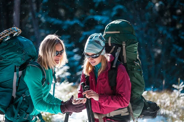 Dois Turistas Olham Para Telefone Dois Amigos Viajam Juntos Mulheres — Fotografia de Stock