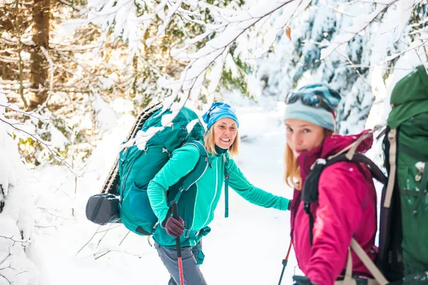 Dos Mujeres Sonrientes Una Caminata Invierno Las Amigas Con Bastones — Foto de Stock