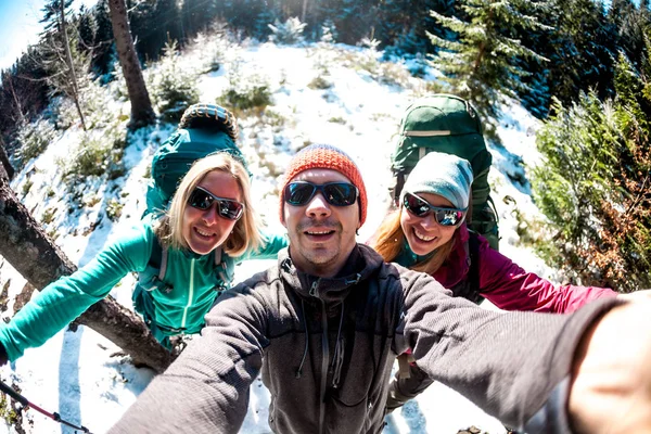 Selfie Van Drie Toeristen Vrienden Reizen Samen Wandelen Door Winterbergen — Stockfoto