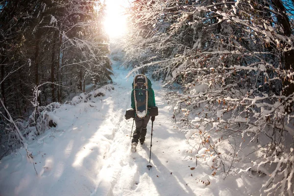 Vrouw Met Rugzak Sneeuwschoenen Winterbergen Reis Naar Schilderachtige Plaatsen Blond — Stockfoto