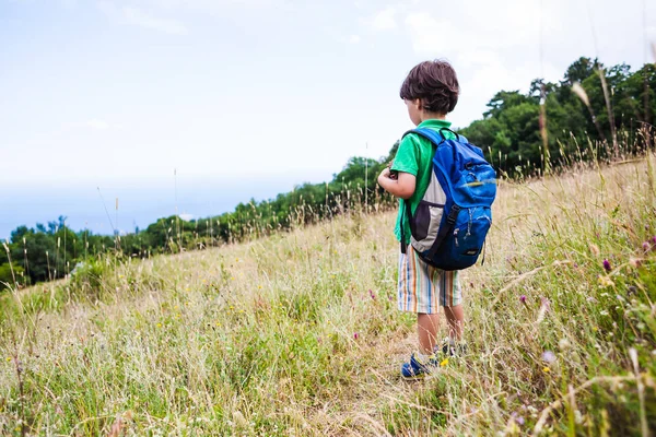 Enfant Avec Sac Dos Dans Forêt Garçon Marche Long Sentier — Photo