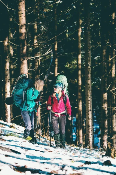 Dos Mujeres Una Caminata Invierno Las Amigas Con Bastones Trekking — Foto de Stock