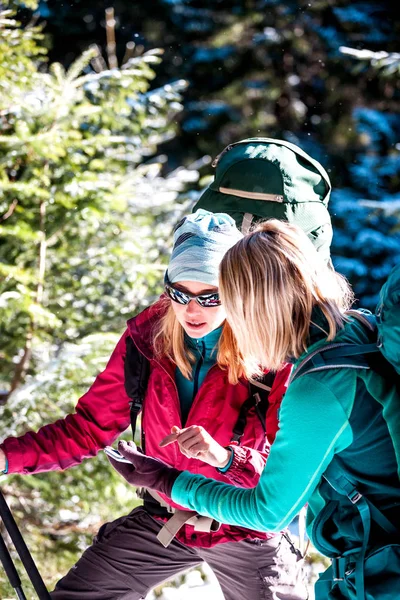 Zwei Touristen Schauen Auf Das Telefon Zwei Freunde Reisen Zusammen — Stockfoto