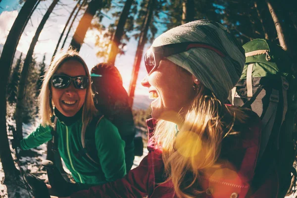 Δύο Ταξιδιώτες Κλείνουν Φίλες Της Είναι Στο Χειμερινό Δάσος Δύο — Φωτογραφία Αρχείου