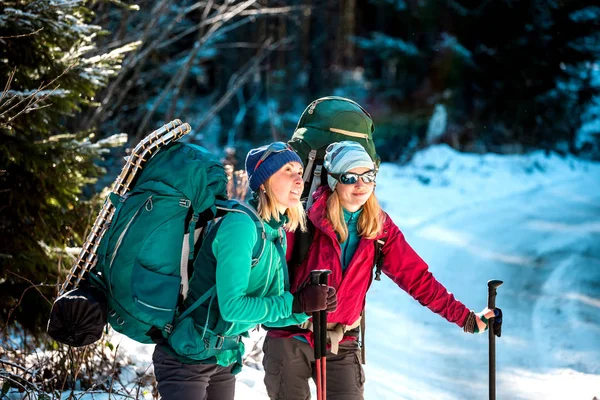 两个微笑的女人在冬季远足 带着远足杆子的女朋友们在雪地覆盖的山路上 背着背包和雪鞋的女孩一起旅行 朋友们走过冷杉林 — 图库照片