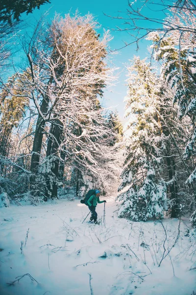 Kobieta Plecakiem Rakietami Śnieżnymi Górach Zimowych Podróż Malowniczych Miejsc Blondynka — Zdjęcie stockowe