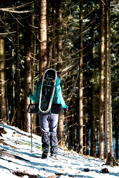 冬の山の中でバックパックやスノーシューを持つ女性 風光明媚な場所への旅行 トレッキングスティック付きブロンド 観光客は雪の森を歩く 女の子は楽しんでる — ストック写真