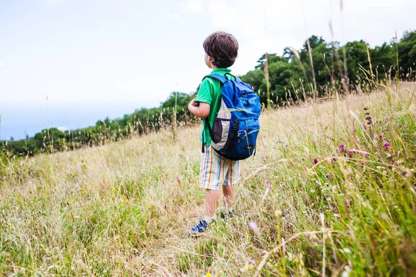 Çocuk ormandaki bir sırt çantası ile. Çocuk dağ yolunda yürüyor. Aktif tatiller. Çocuklarla seyahat. Çocuk doğa eğitimi alıyor.