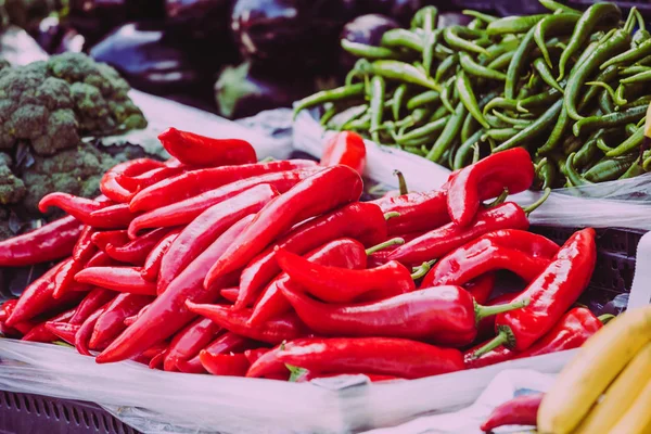 Pimentos vermelhos e verdes no balcão do mercado turco . — Fotografia de Stock