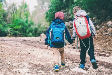 İki erkek sırt çantası ile bir orman yolu boyunca yürüyor.