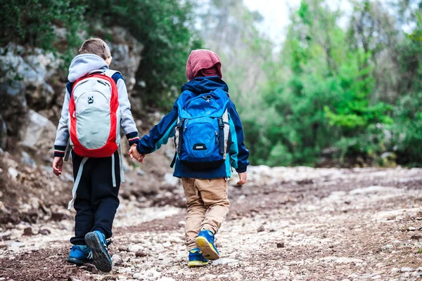 Deux garçons avec des sacs à dos marchent le long d'un sentier forestier . — Photo