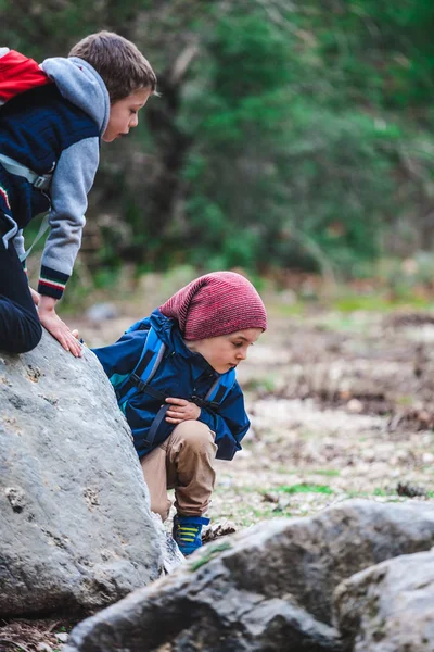 バックパックを持つ2人の少年は、森林のパスに沿って歩いています. — ストック写真