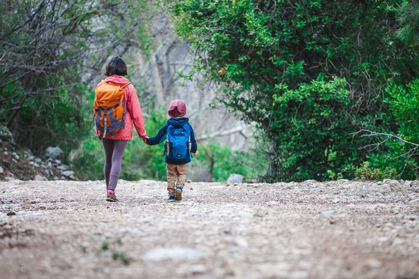 Una mujer camina con su hijo por el bosque . — Foto de Stock