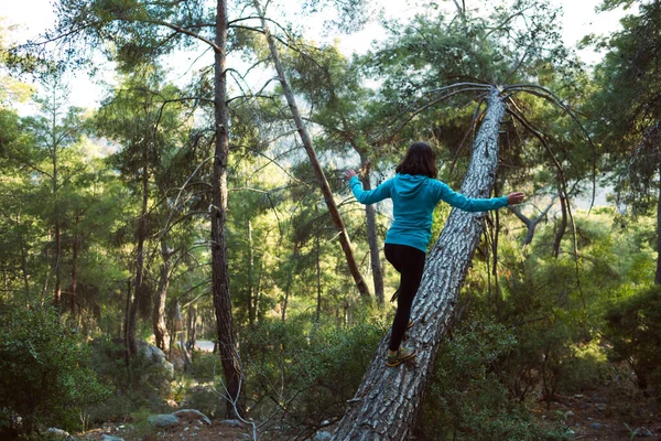 Une Femme Marche Long Tronc Arbre Tombé Dans Forêt Fille — Photo