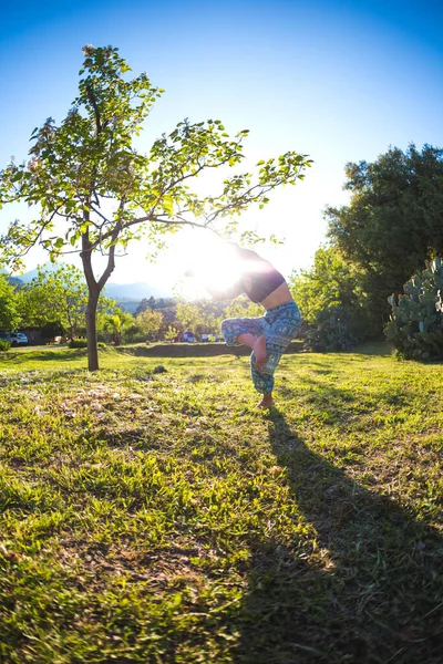 Das Mädchen Praktiziert Yoga Auf Dem Grünen Gras Vor Dem — Stockfoto