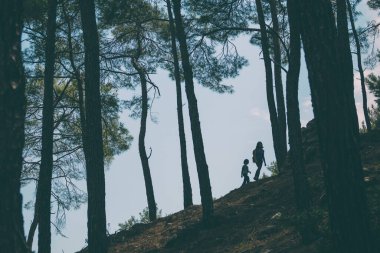 Bir kadın, oğluyla ormanda yürür, annesiyle yürüyüşe çıkar, sırt çantalı bir kadın ve gökyüzüne karşı bir çocuk, çocuklarla seyahat eder, dağ patikalarında, Anneler Günü 'nde..
