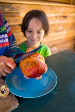 Mavi bir tabakta olgun, sulu bir nar. Çocuk, annesinin narı kesişini izliyor. Sağlıklı meyve ikiye bölünür..